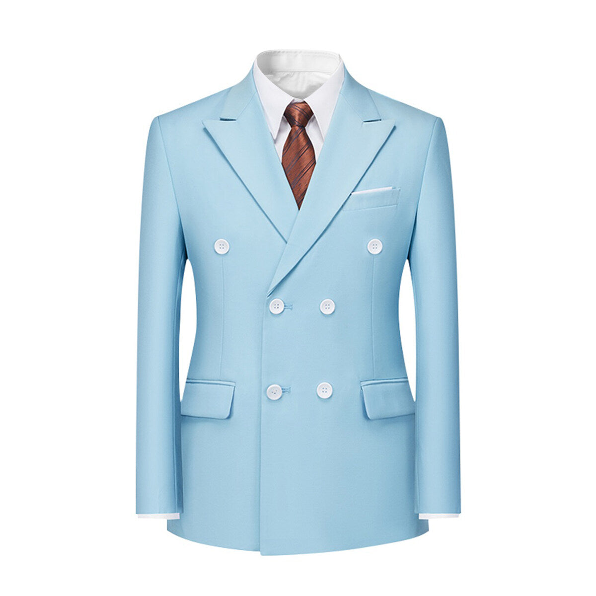 Men's Solid Color Double Breasted Business Suit Light Blue