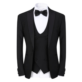 3 Piece Men's Suits One Button Slim Fit Peaked Lapel Tuxedo Black