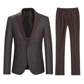 3-Piece Slim Fit Casual Plaid Suit Brown