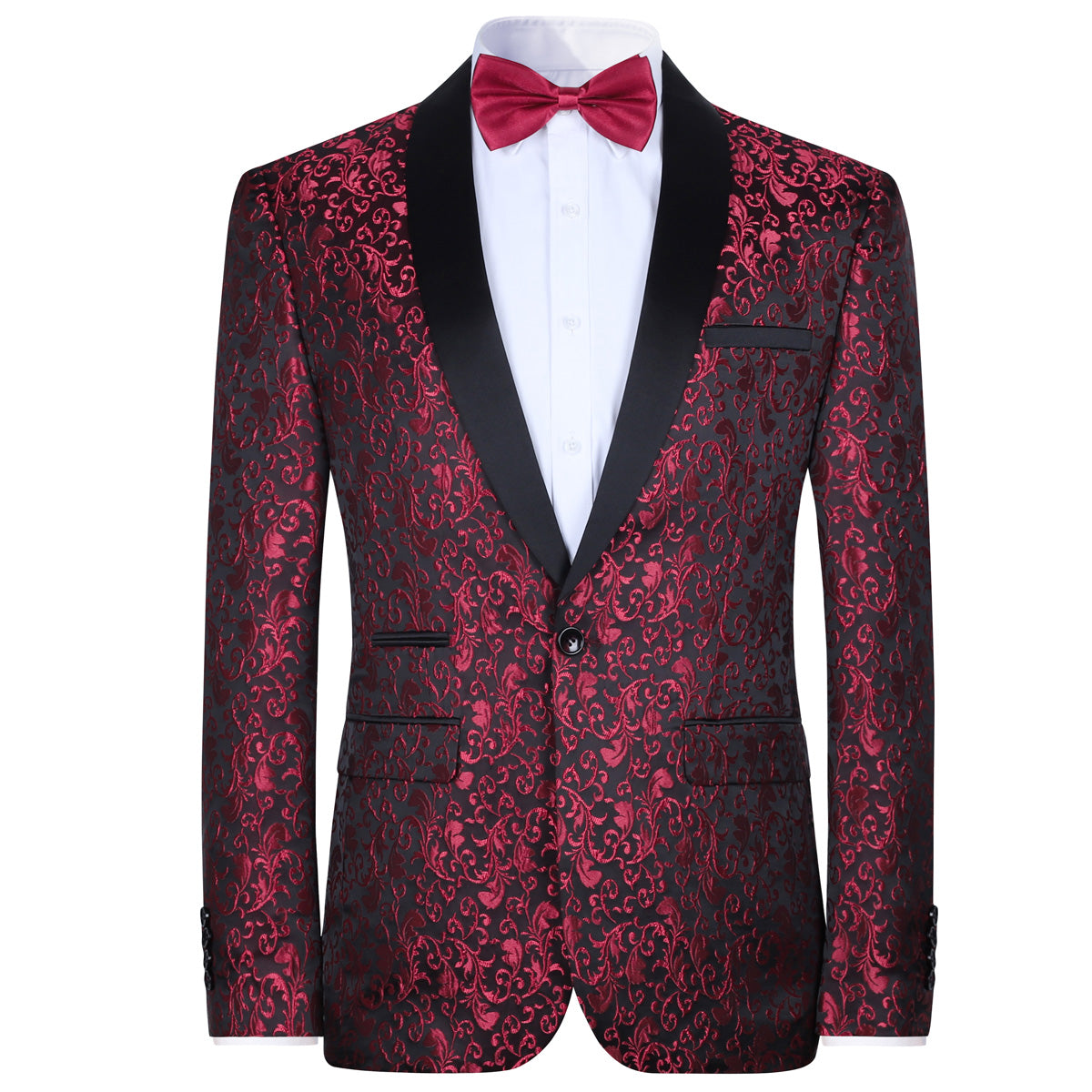 Men's Floral Jacquard Dress Suit Jacket Printed Tux Blazer Red