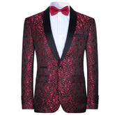 Men's Floral Jacquard Dress Suit Jacket Printed Tux Blazer Red