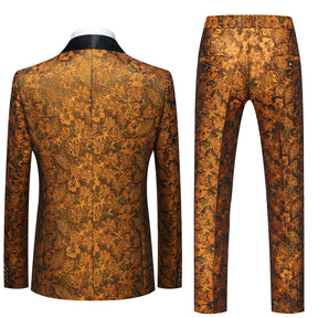 Men's Shawl Collar Print Suit 3-Piece Dress Suit Orange