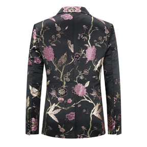 Men's One Button Notched Lapel Embroidered Blazer Pink