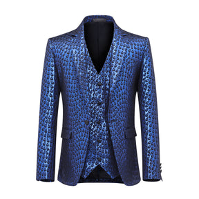 3-Piece Set Blue Shiny Jacquard Dress Suit