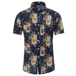 Men's Slim Fit Multicolor Flower Print Short Sleeve Shirt