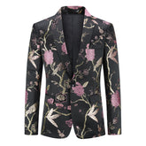 Men's One Button Notched Lapel Embroidered Blazer Pink
