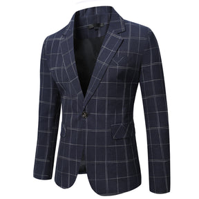 Men's Autumn Plaid Jacket One Button Casual Blazer Navy