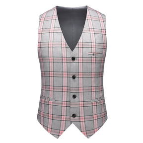 3-Piece Men's Plaid Lapel Collar One Button Suit Pink