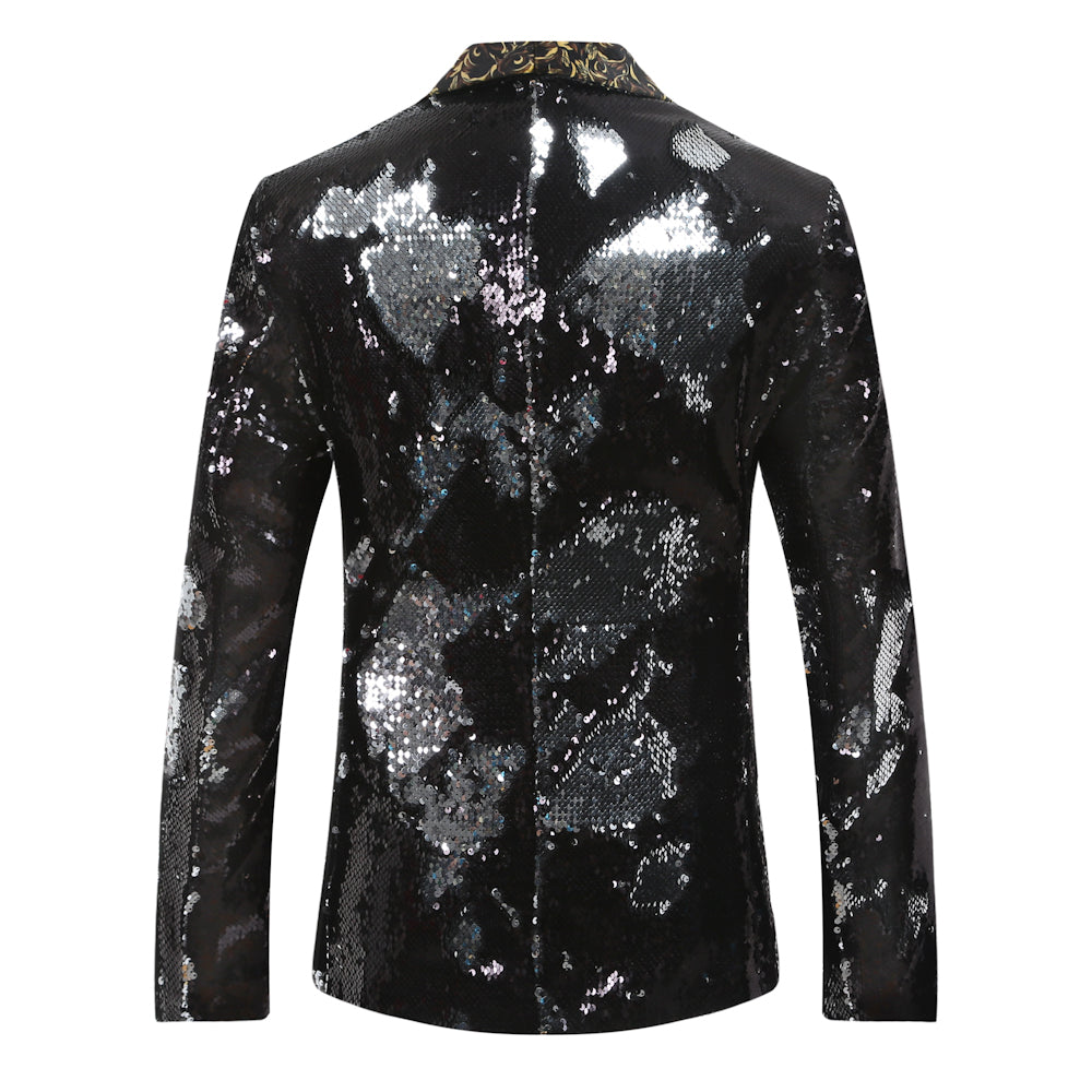 Silver Black Shawl Collar Sequins Dance Party Jacket