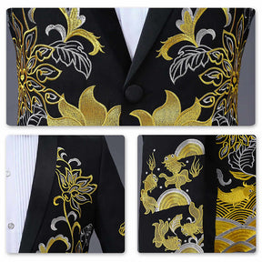Slim Fit Embroidery Suit Two Piece Black Suit