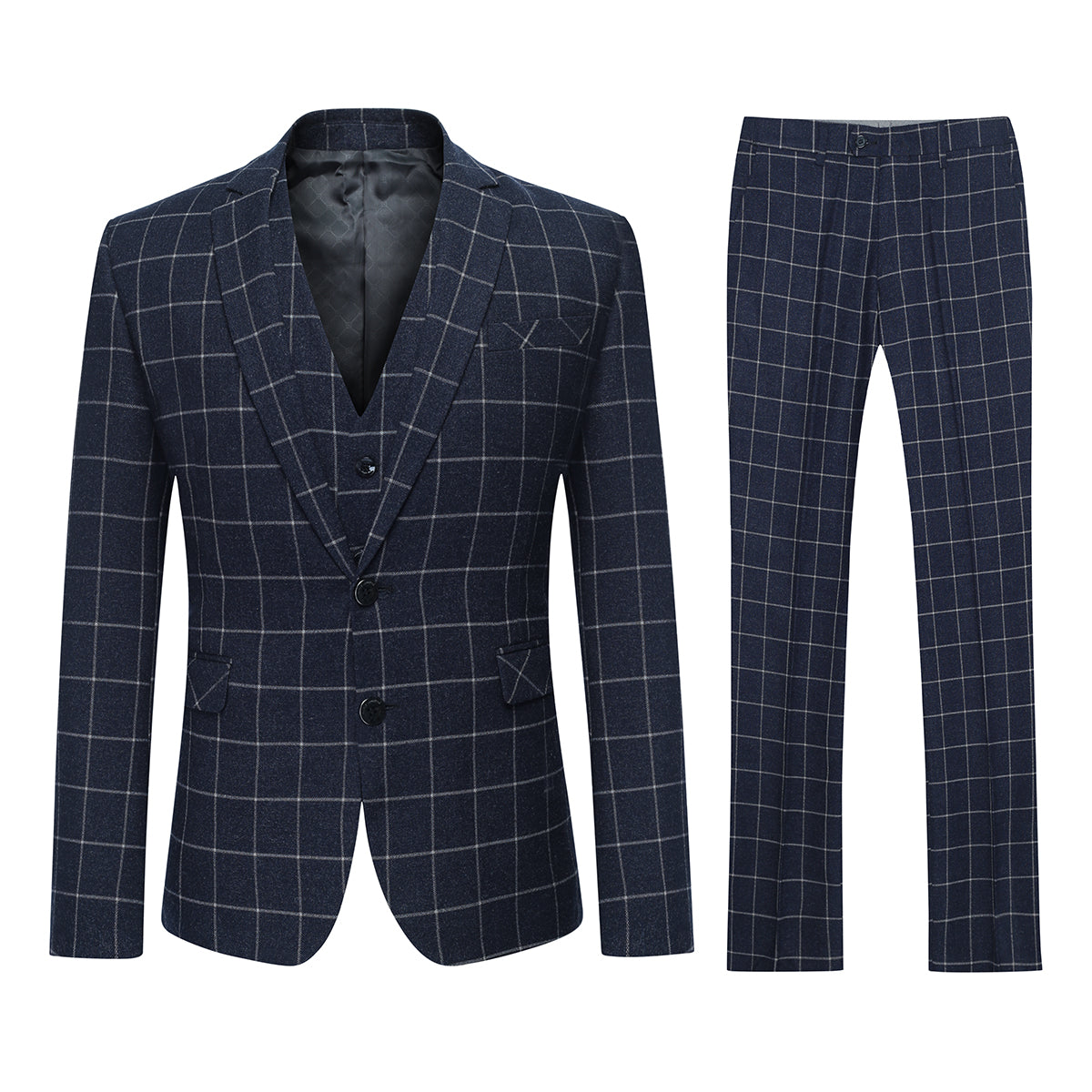 Mens 3-Piece Black Plaid Two Button Slim Fit Suit