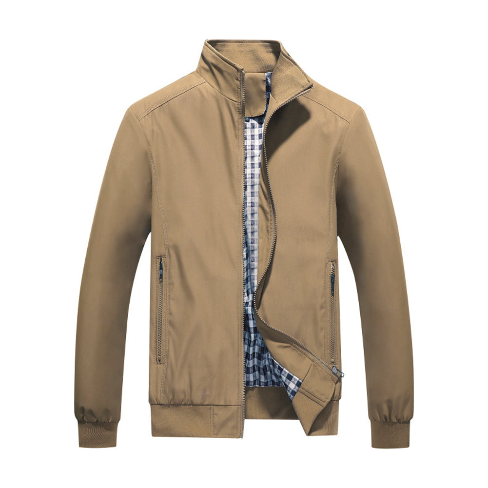 Yellow # Men's lightweight outdoor zipper windbreaker jacket with stand collar and long sleeves, softshell casual coat with 2 zipper pockets and ribbed knit cuffs, fully lined yellow jacket for business, daily wear, golf and outdoor activities, isolated on white background.