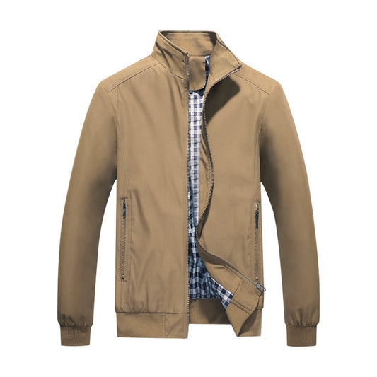Yellow # Men's lightweight outdoor zipper windbreaker jacket with stand collar and long sleeves, softshell casual coat with 2 zipper pockets and ribbed knit cuffs, fully lined yellow jacket for business, daily wear, golf and outdoor activities, isolated on white background.