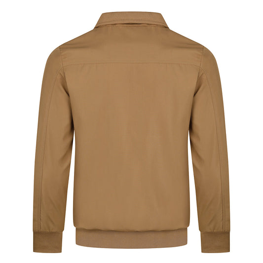 Yellow # Men's lightweight outdoor zipper windbreaker jacket with stand collar and long sleeves, softshell casual coat with 2 zipper pockets and ribbed knit cuffs, fully lined yellow jacket for business, daily wear, golf and outdoor activities, isolated on white background.