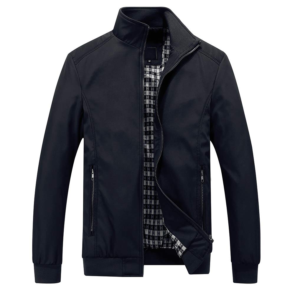 Black # Men's lightweight outdoor zipper softshell windbreaker jacket with stand collar and ribbed knit cuffs and hem, fully plaid lined casual coat with 2 zipper pockets and 1 inner pocket for business, golf, party and daily wear, isolated on white background.