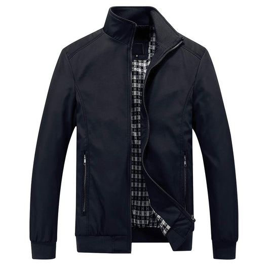 Black # Men's lightweight outdoor zipper softshell windbreaker jacket with stand collar and ribbed knit cuffs and hem, fully plaid lined casual coat with 2 zipper pockets and 1 inner pocket for business, golf, party and daily wear, isolated on white background.