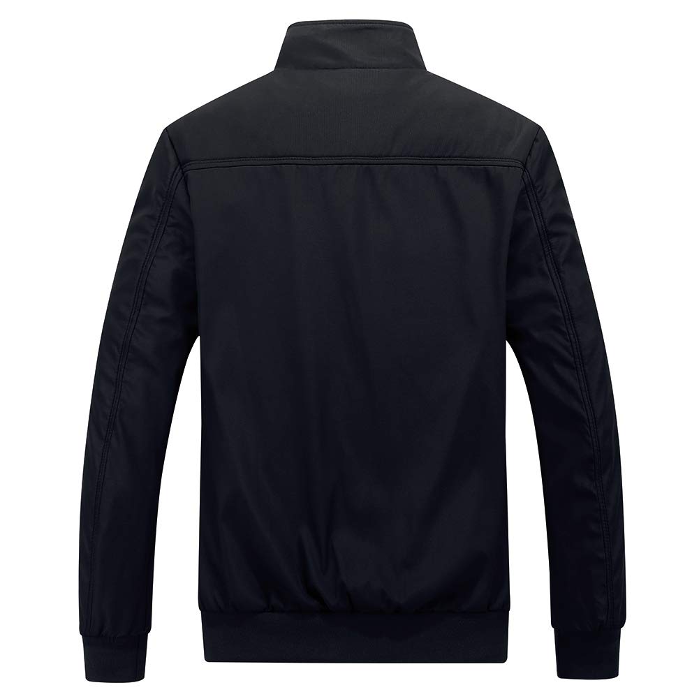 Black # Men's lightweight outdoor zipper softshell windbreaker jacket with stand collar and ribbed knit cuffs and hem, fully plaid lined casual coat with 2 zipper pockets and 1 inner pocket for business, golf, party and daily wear, isolated on white background.