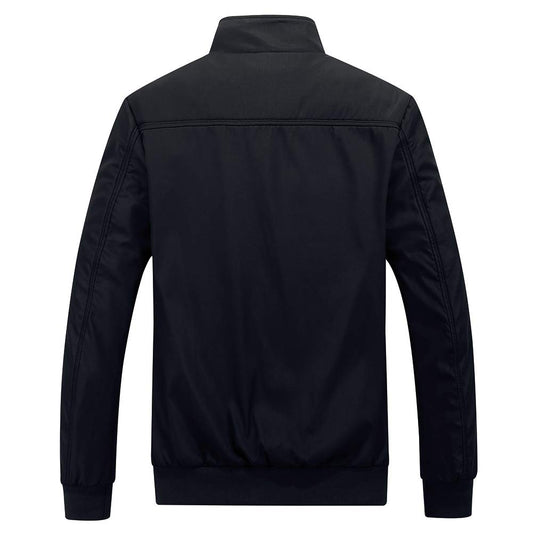 Black # Men's lightweight outdoor zipper softshell windbreaker jacket with stand collar and ribbed knit cuffs and hem, fully plaid lined casual coat with 2 zipper pockets and 1 inner pocket for business, golf, party and daily wear, isolated on white background.