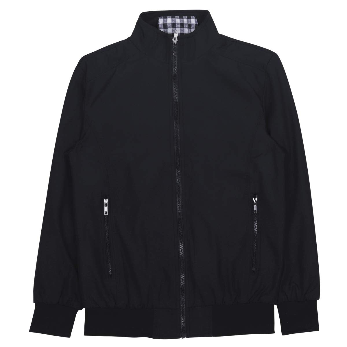Black # Men's lightweight outdoor zipper softshell windbreaker jacket with stand collar and ribbed knit cuffs and hem, fully plaid lined casual coat with 2 zipper pockets and 1 inner pocket for business, golf, party and daily wear, isolated on white background.