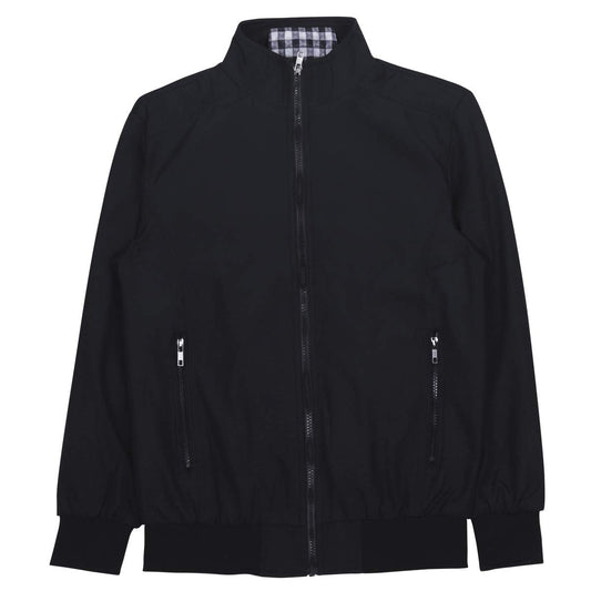 Black # Men's lightweight outdoor zipper softshell windbreaker jacket with stand collar and ribbed knit cuffs and hem, fully plaid lined casual coat with 2 zipper pockets and 1 inner pocket for business, golf, party and daily wear, isolated on white background.