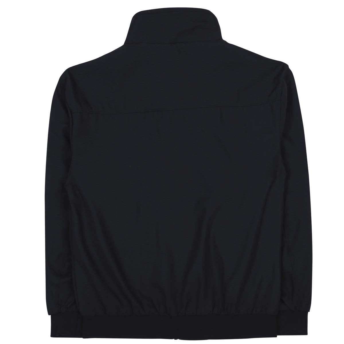 Black # Men's lightweight outdoor zipper softshell windbreaker jacket with stand collar and ribbed knit cuffs and hem, fully plaid lined casual coat with 2 zipper pockets and 1 inner pocket for business, golf, party and daily wear, isolated on white background.