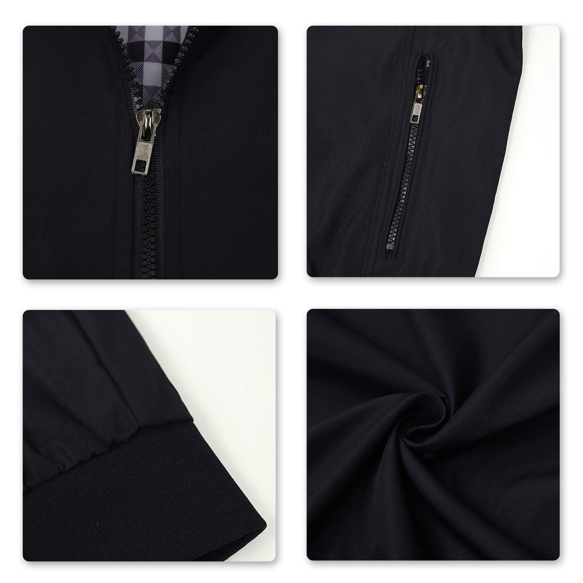 Black # Men's lightweight outdoor zipper softshell windbreaker jacket with stand collar and ribbed knit cuffs and hem, fully plaid lined casual coat with 2 zipper pockets and 1 inner pocket for business, golf, party and daily wear, isolated on white background.