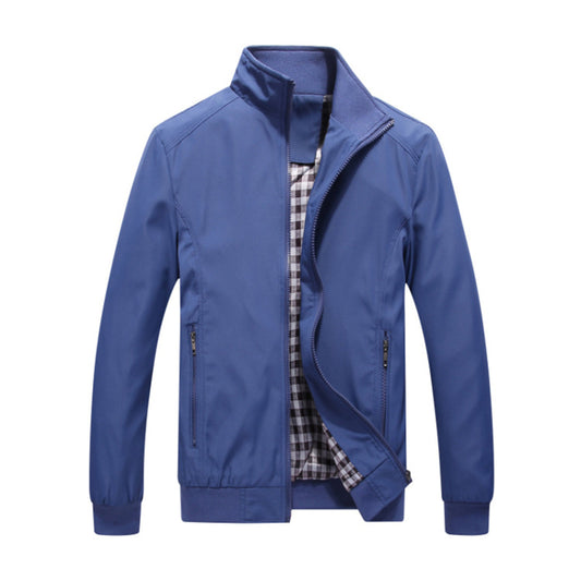 Light Blue # Men's lightweight outdoor zipper softshell windbreaker jacket with stand collar and ribbed knit cuffs and hem, fully plaid lined casual coat with 2 zipper pockets and 1 inner pocket for business, golf, party and daily wear, isolated on white background.