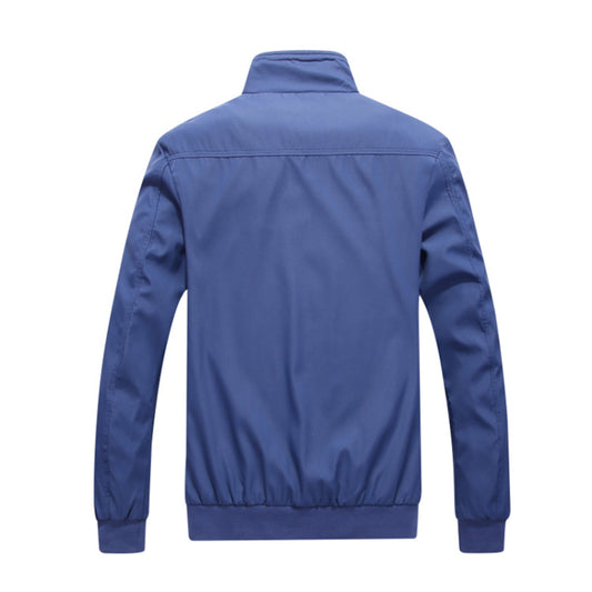 Light Blue # Men's lightweight outdoor zipper softshell windbreaker jacket with stand collar and ribbed knit cuffs and hem, fully plaid lined casual coat with 2 zipper pockets and 1 inner pocket for business, golf, party and daily wear, isolated on white background.