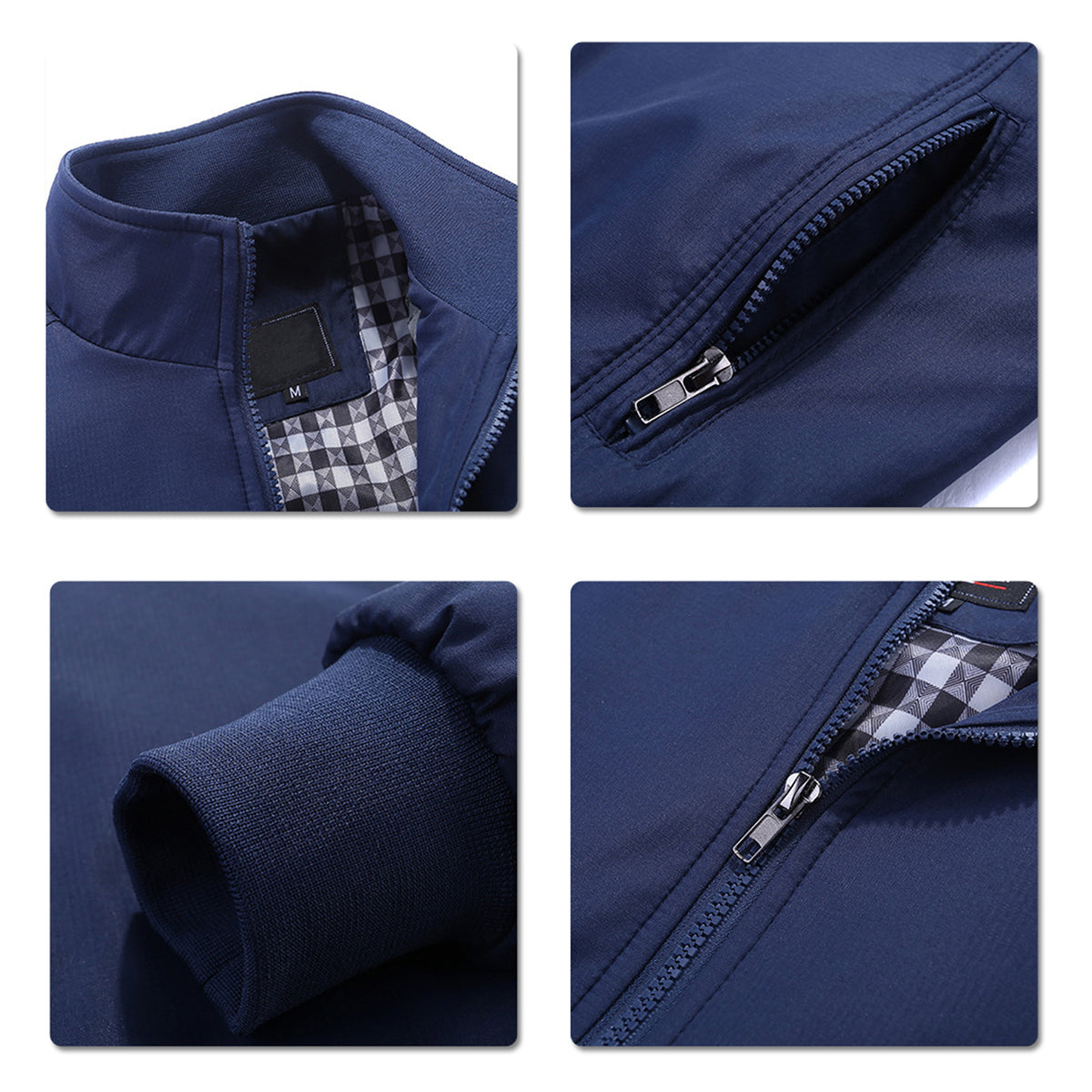 Light Blue # Men's lightweight outdoor zipper softshell windbreaker jacket with stand collar and ribbed knit cuffs and hem, fully plaid lined casual coat with 2 zipper pockets and 1 inner pocket for business, golf, party and daily wear, isolated on white background.