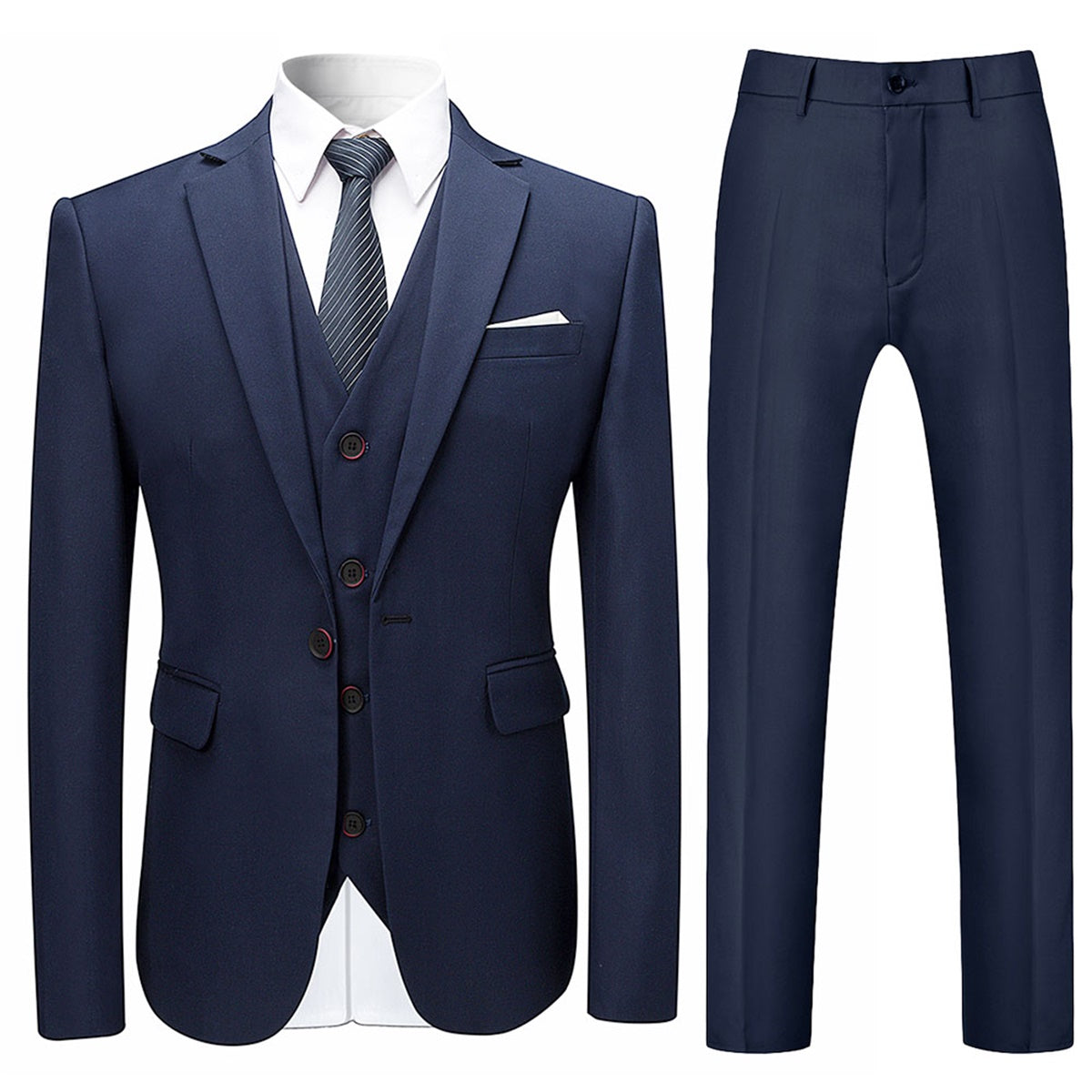 Dark Blue # Men's slim fit 3-piece solid color suit with notched lapel and one-button single-breasted closure, dark blue formal blazer jacket with padded shoulders, back center vent and four-button cuffs, matching vest with adjustable belt and flat-front trousers for wedding, business, prom and formal occasions, isolated on white background.