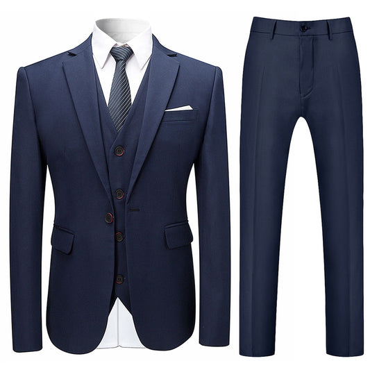 Dark Blue # Men's slim fit 3-piece solid color suit with notched lapel and one-button single-breasted closure, dark blue formal blazer jacket with padded shoulders, back center vent and four-button cuffs, matching vest with adjustable belt and flat-front trousers for wedding, business, prom and formal occasions, isolated on white background.
