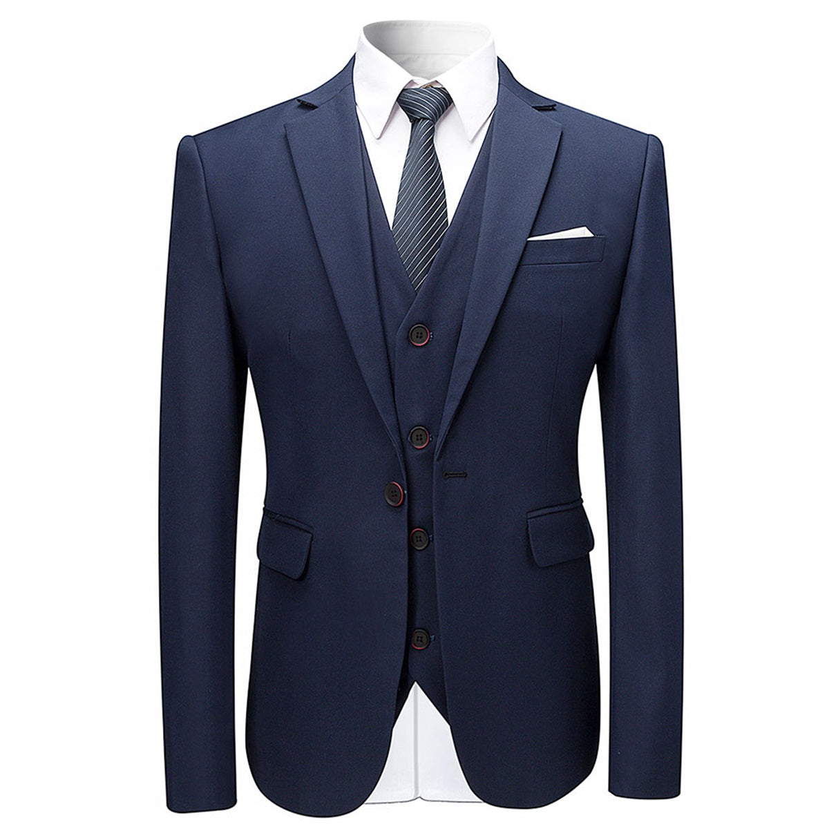 Dark Blue # Men's slim fit 3-piece solid color suit with notched lapel and one-button single-breasted closure, dark blue formal blazer jacket with padded shoulders, back center vent and four-button cuffs, matching vest with adjustable belt and flat-front trousers for wedding, business, prom and formal occasions, isolated on white background.