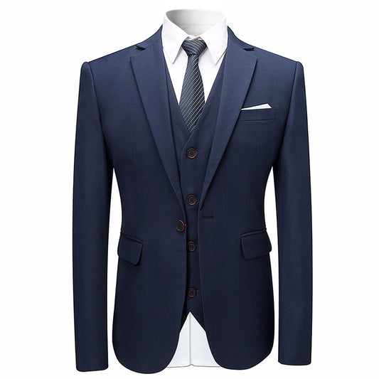 Dark Blue # Men's slim fit 3-piece solid color suit with notched lapel and one-button single-breasted closure, dark blue formal blazer jacket with padded shoulders, back center vent and four-button cuffs, matching vest with adjustable belt and flat-front trousers for wedding, business, prom and formal occasions, isolated on white background.