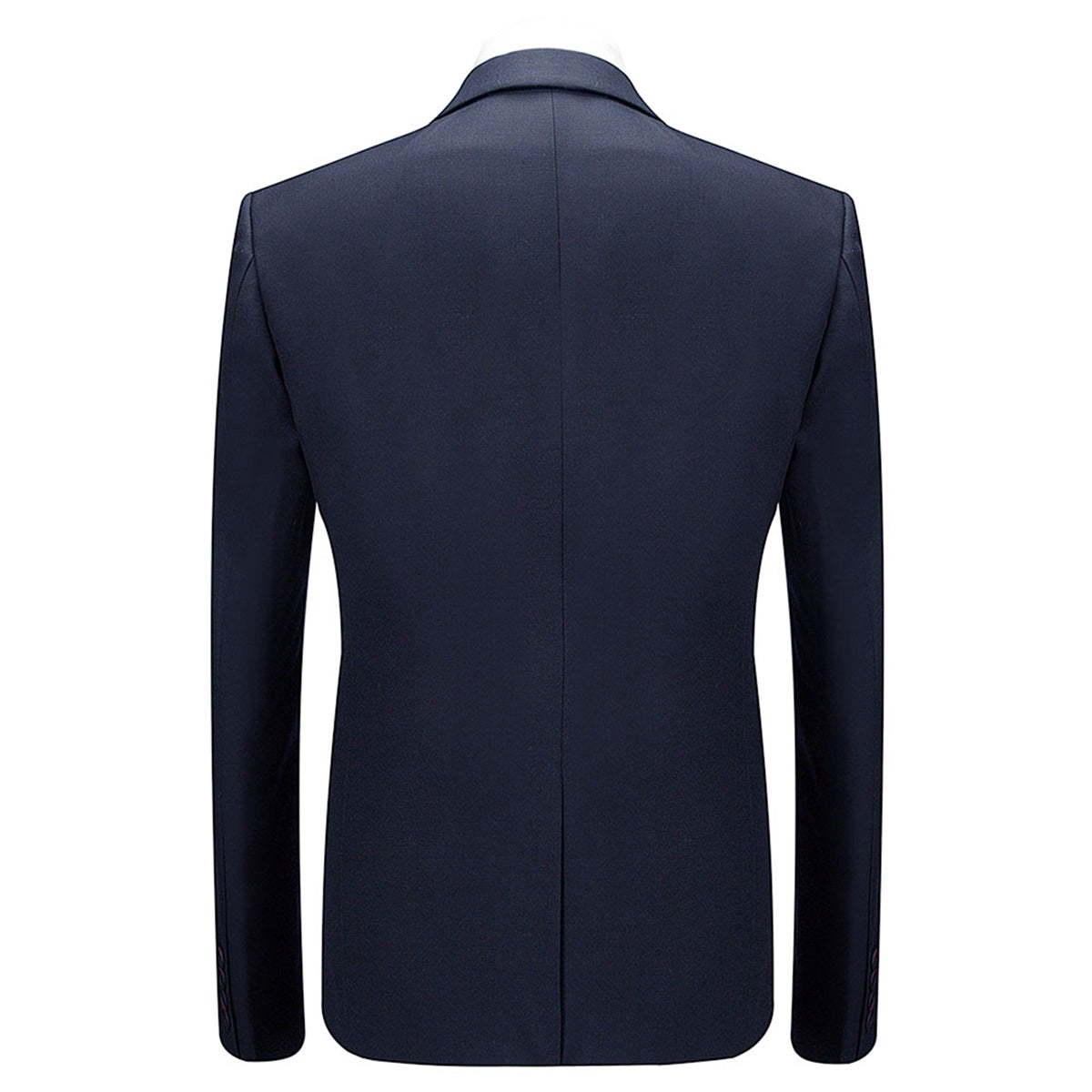Dark Blue # Men's slim fit 3-piece solid color suit with notched lapel and one-button single-breasted closure, dark blue formal blazer jacket with padded shoulders, back center vent and four-button cuffs, matching vest with adjustable belt and flat-front trousers for wedding, business, prom and formal occasions, isolated on white background.