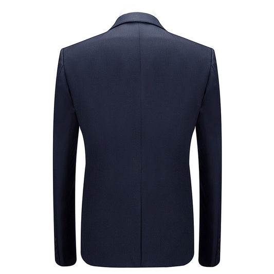 Dark Blue # Men's slim fit 3-piece solid color suit with notched lapel and one-button single-breasted closure, dark blue formal blazer jacket with padded shoulders, back center vent and four-button cuffs, matching vest with adjustable belt and flat-front trousers for wedding, business, prom and formal occasions, isolated on white background.