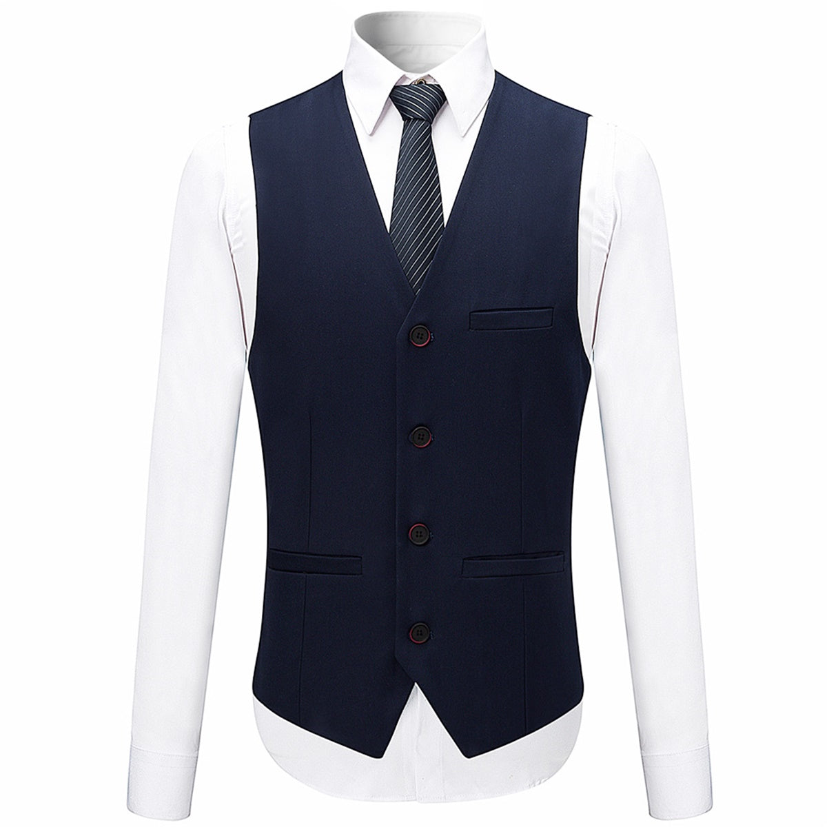 Dark Blue # Men's slim fit 3-piece solid color suit with notched lapel and one-button single-breasted closure, dark blue formal blazer jacket with padded shoulders, back center vent and four-button cuffs, matching vest with adjustable belt and flat-front trousers for wedding, business, prom and formal occasions, isolated on white background.