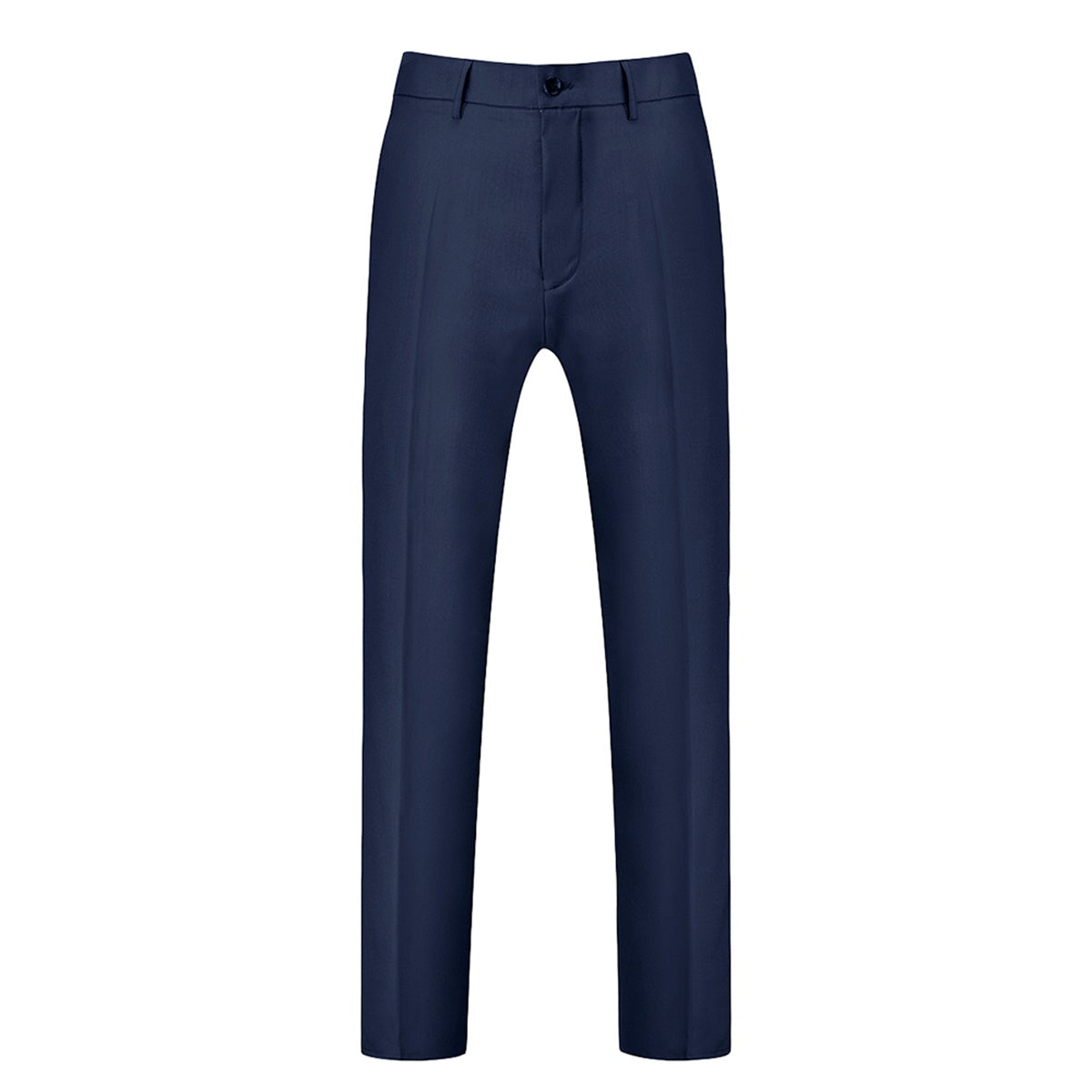 Dark Blue # Men's slim fit 3-piece solid color suit with notched lapel and one-button single-breasted closure, dark blue formal blazer jacket with padded shoulders, back center vent and four-button cuffs, matching vest with adjustable belt and flat-front trousers for wedding, business, prom and formal occasions, isolated on white background.