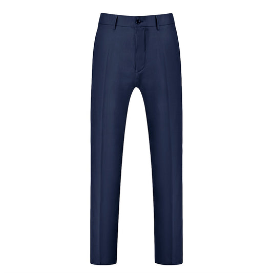 Dark Blue # Men's slim fit 3-piece solid color suit with notched lapel and one-button single-breasted closure, dark blue formal blazer jacket with padded shoulders, back center vent and four-button cuffs, matching vest with adjustable belt and flat-front trousers for wedding, business, prom and formal occasions, isolated on white background.