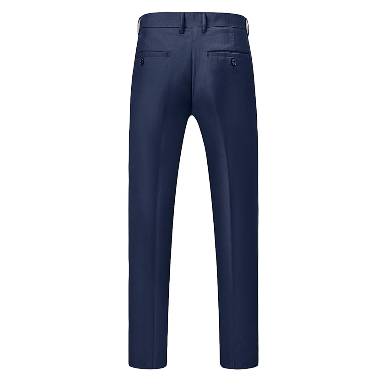 Dark Blue # Men's slim fit 3-piece solid color suit with notched lapel and one-button single-breasted closure, dark blue formal blazer jacket with padded shoulders, back center vent and four-button cuffs, matching vest with adjustable belt and flat-front trousers for wedding, business, prom and formal occasions, isolated on white background.