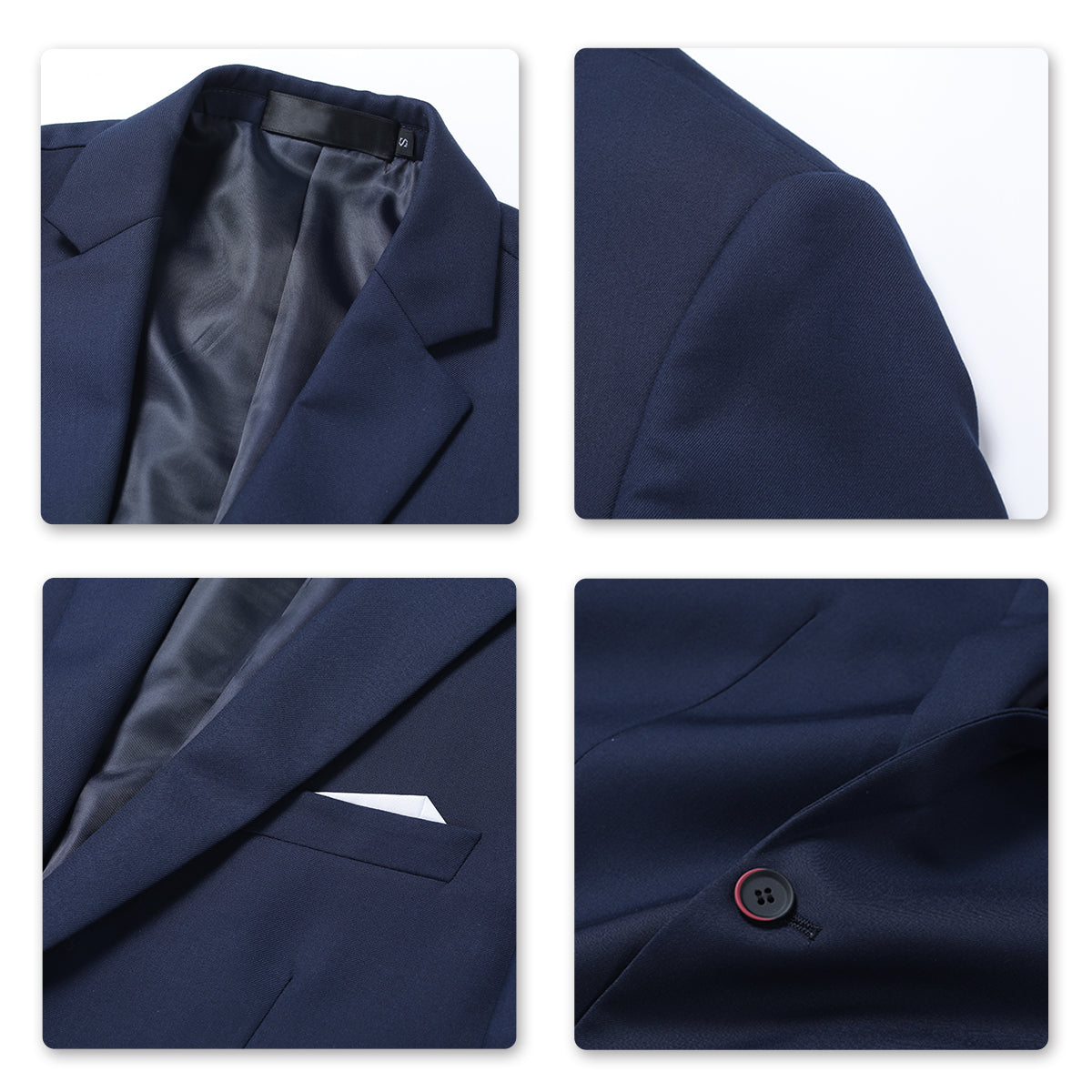 Dark Blue # Men's slim fit 3-piece solid color suit with notched lapel and one-button single-breasted closure, dark blue formal blazer jacket with padded shoulders, back center vent and four-button cuffs, matching vest with adjustable belt and flat-front trousers for wedding, business, prom and formal occasions, isolated on white background.