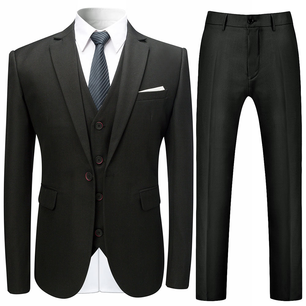 Black # Men's slim fit 3-piece solid color suit with notched lapel and one-button single-breasted closure, black formal blazer jacket with padded shoulders, back center vent and four-button cuffs, matching vest with adjustable belt and flat-front trousers with slanted side pockets for wedding, business, prom and formal occasions, isolated on white background.