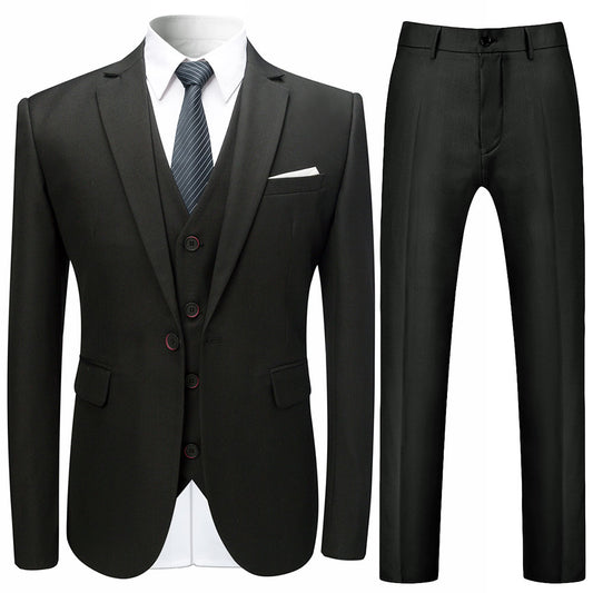Black # Men's slim fit 3-piece solid color suit with notched lapel and one-button single-breasted closure, black formal blazer jacket with padded shoulders, back center vent and four-button cuffs, matching vest with adjustable belt and flat-front trousers with slanted side pockets for wedding, business, prom and formal occasions, isolated on white background.