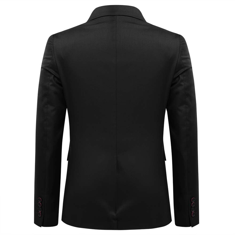 Black # Men's slim fit 3-piece solid color suit with notched lapel and one-button single-breasted closure, black formal blazer jacket with padded shoulders, back center vent and four-button cuffs, matching vest with adjustable belt and flat-front trousers with slanted side pockets for wedding, business, prom and formal occasions, isolated on white background.