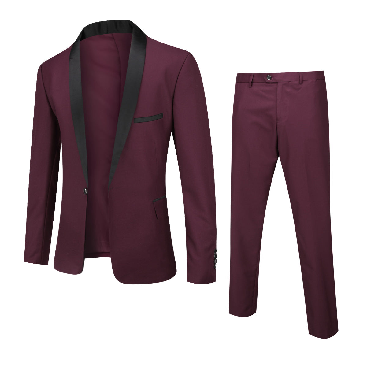Red # Men's slim fit 2-piece casual suit with one-button closure and single-breasted design, solid red blazer jacket with matching trousers for party, wedding, prom and daily wear, isolated on white background.