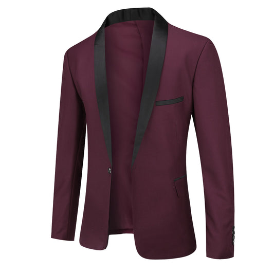 Red # Men's slim fit 2-piece casual suit with one-button closure and single-breasted design, solid red blazer jacket with matching trousers for party, wedding, prom and daily wear, isolated on white background.