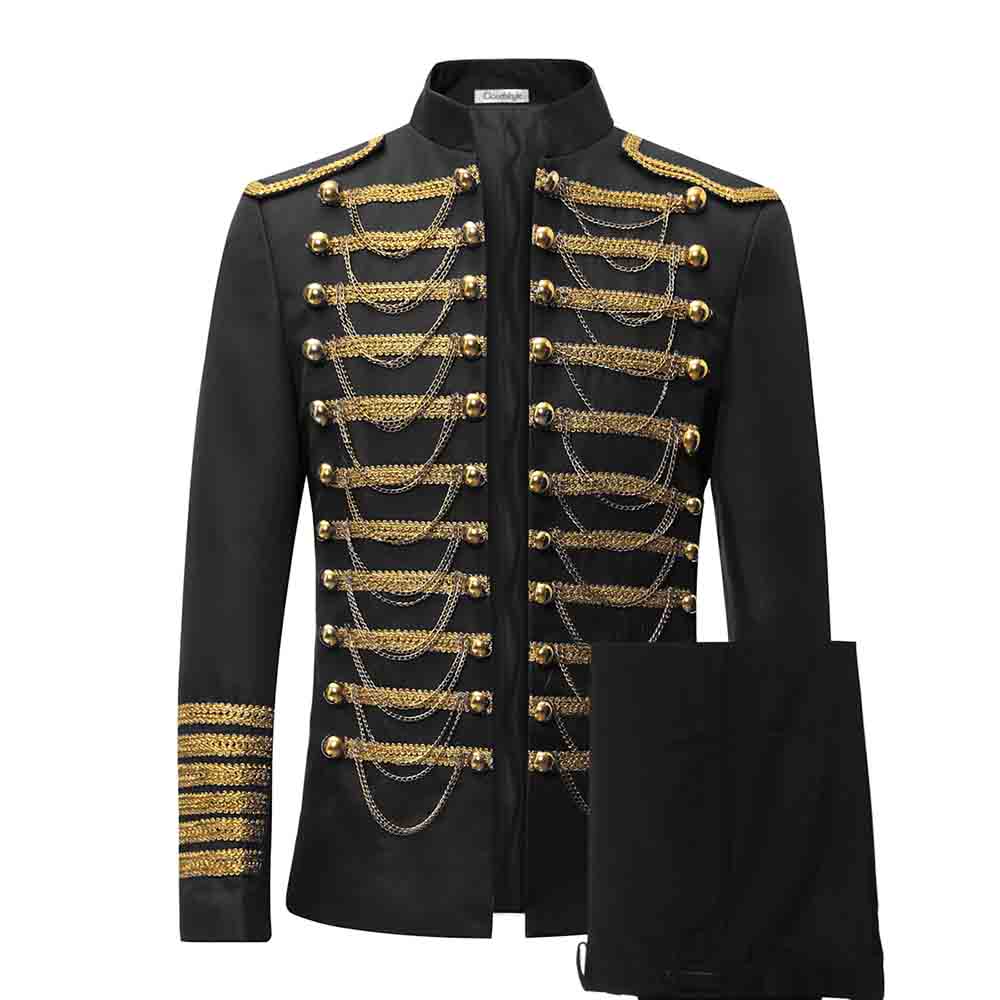 Black # Men's 2-piece luxury suit with stand collar, sequin shoulder decoration and golden chain front detail, slim fit black blazer jacket with matching trousers for party, wedding, stage performance and formal events, isolated on white background.