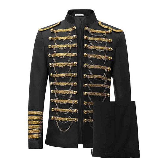 Black # Men's 2-piece luxury suit with stand collar, sequin shoulder decoration and golden chain front detail, slim fit black blazer jacket with matching trousers for party, wedding, stage performance and formal events, isolated on white background.
