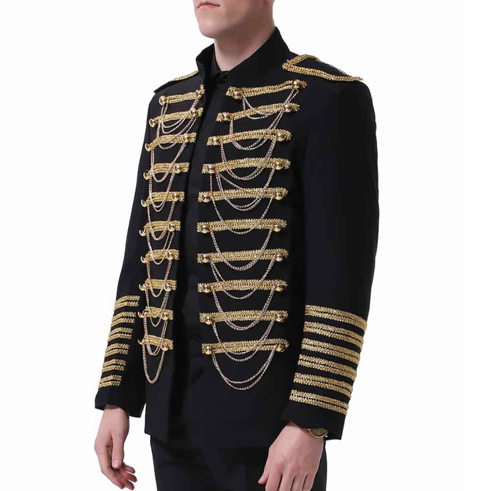 Black # Men's 2-piece luxury suit with stand collar, sequin shoulder decoration and golden chain front detail, slim fit black blazer jacket with matching trousers for party, wedding, stage performance and formal events, isolated on white background.