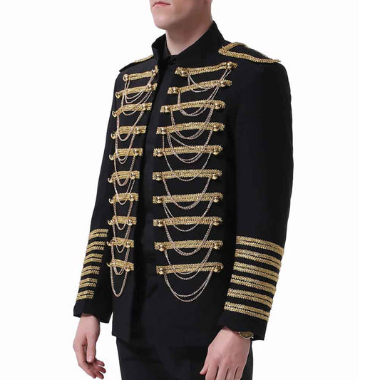 Black # Men's 2-piece luxury suit with stand collar, sequin shoulder decoration and golden chain front detail, slim fit black blazer jacket with matching trousers for party, wedding, stage performance and formal events, isolated on white background.