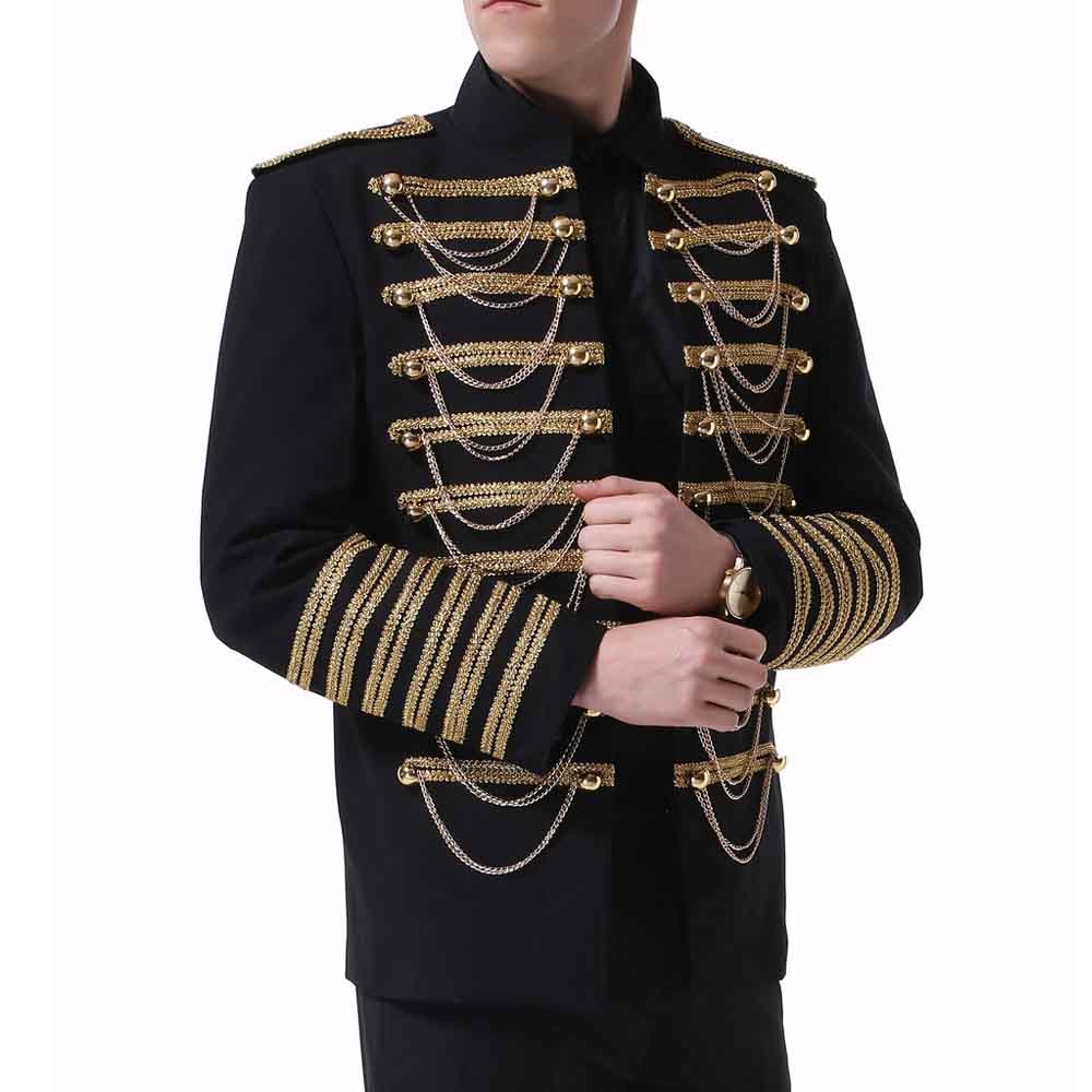 Black # Men's 2-piece luxury suit with stand collar, sequin shoulder decoration and golden chain front detail, slim fit black blazer jacket with matching trousers for party, wedding, stage performance and formal events, isolated on white background.